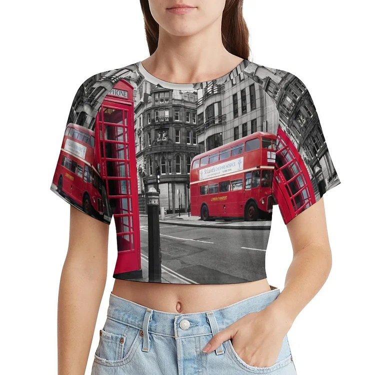 Short Sleeved Navel Exposed LONDON TELEPHONE BUS customized, personalized, gift