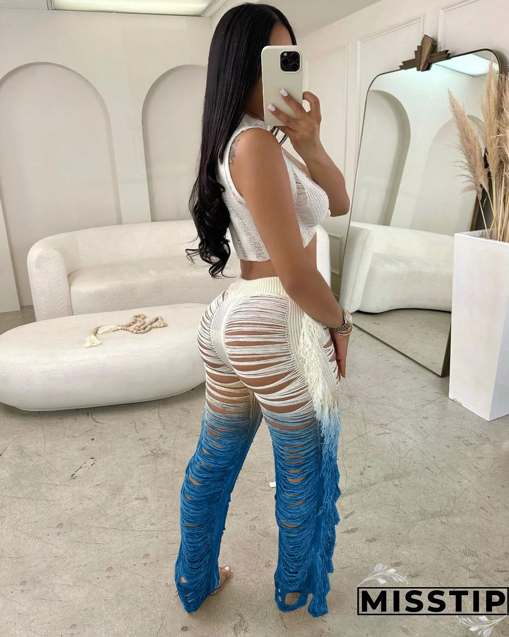 Gradient Knitted Tassel Two Piece Pants Set