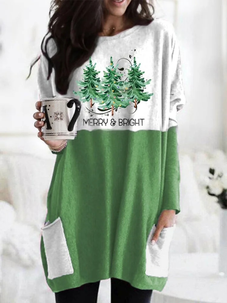 Merry Christmas Tree Print Casual Colorblock Tunic