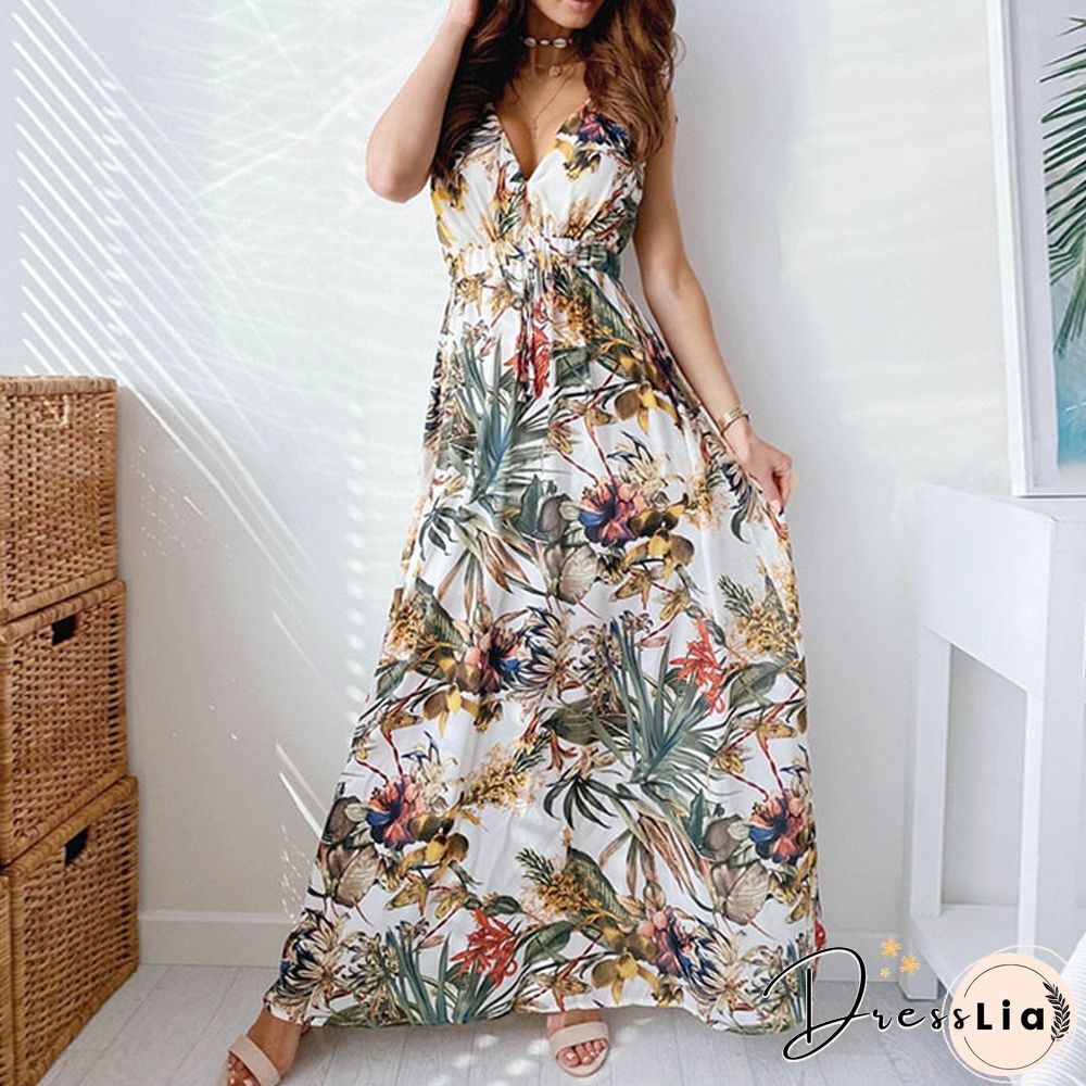 Vintage Print Tie-Up Backless Sundress Robe Elegant Halter V Neck Sleeveless Beach Dress Women Sexy Slim Elastic Waist Cover-Ups