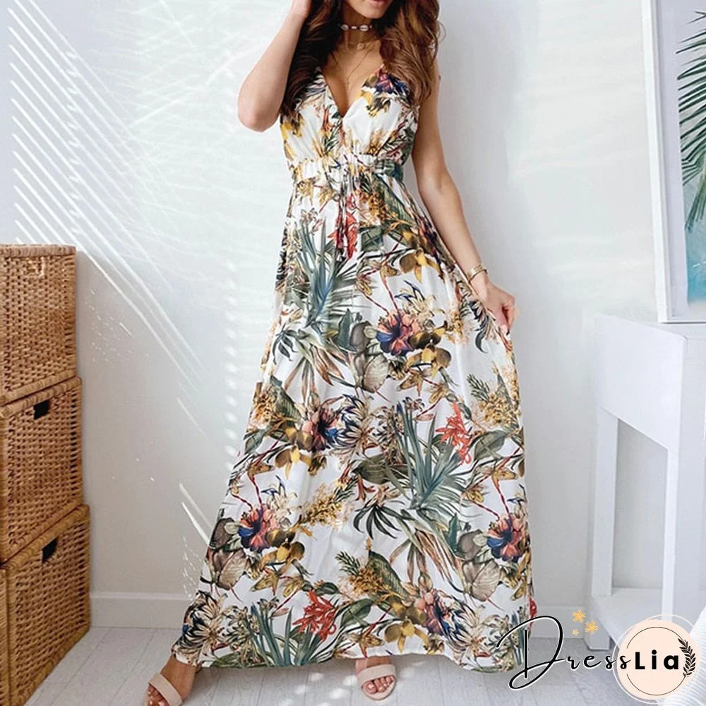 Vintage Print Tie-Up Backless Sundress Robe Elegant Halter V Neck Sleeveless Beach Dress Women Sexy Slim Elastic Waist Cover-Ups