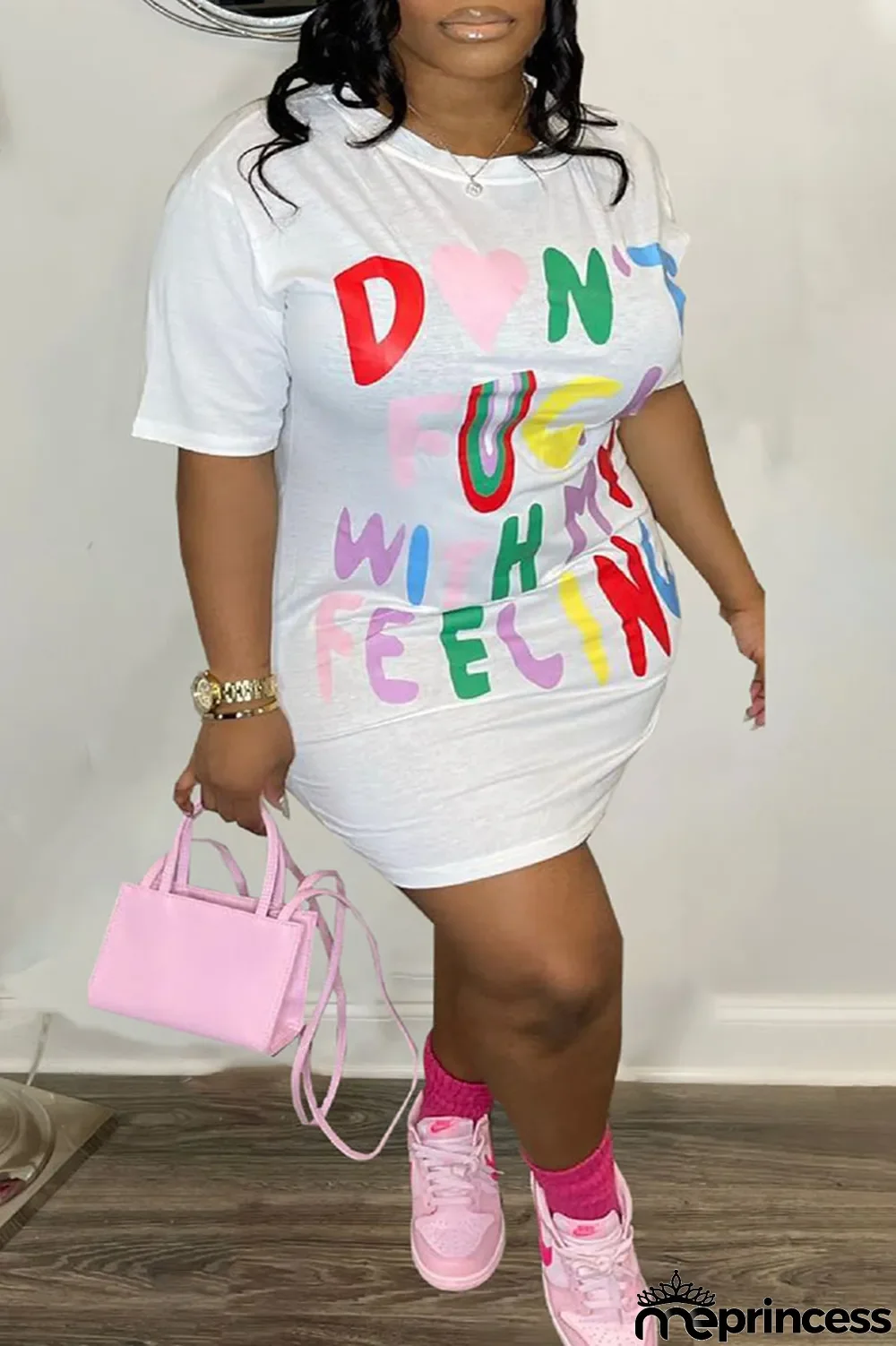 Grey Casual Print Patchwork O Neck Straight Plus Size Dresses