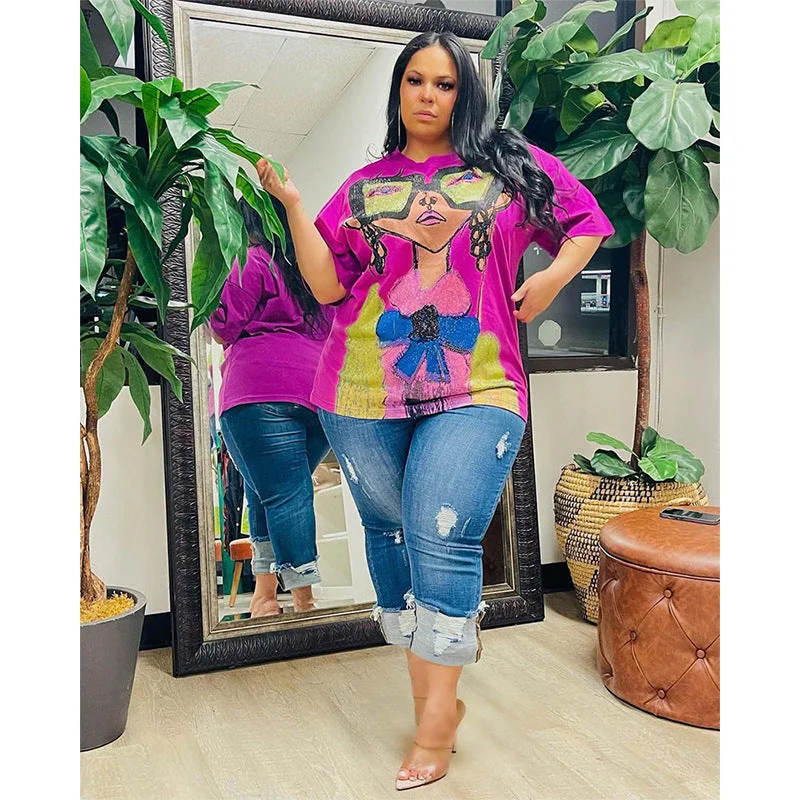 Brownm Half-sleeved Loose Hot Diamond Printed Dress Blouses