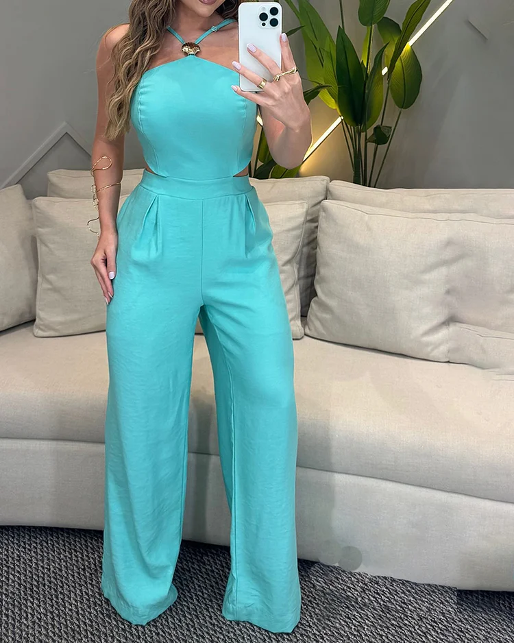 Women's solid color halter neck jumpsuit
