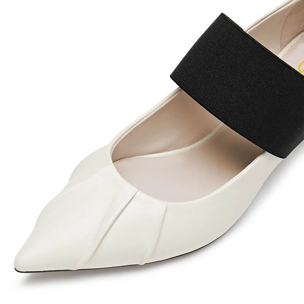 White Pointed Toe Pleated Mary Jane Heels with Elastic Band
