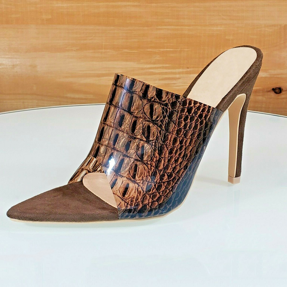 Brown Faux Suede Pointed Toe 4'' Stiletto Heel Wide Band Mules Nicepairs