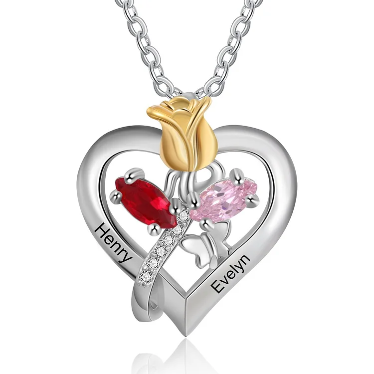 Heart Birthstone Necklace Personalized Rose Necklace with 2 Stones Engraved 2 Names