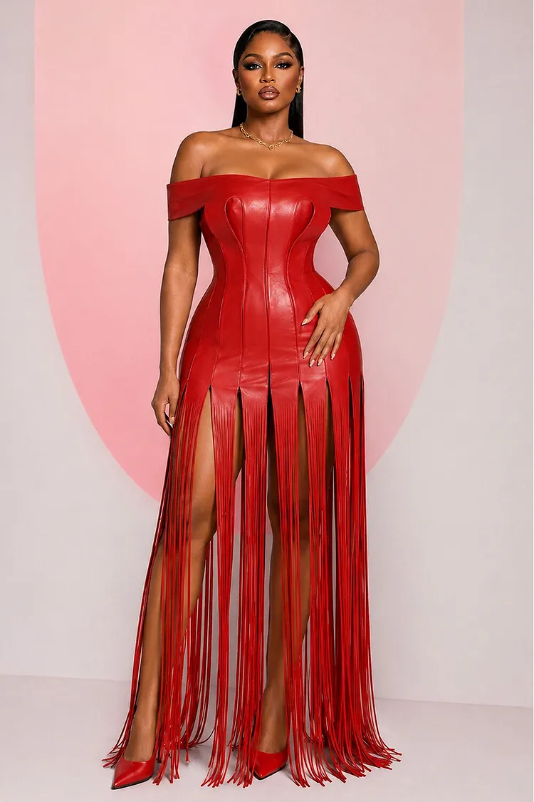 red bodycon off the shoulder dress PU Leather Long Fringe Maxi Dresses-Red [Pre Order] Color:Pewter Chocolate Brown with Cream women long dress while the boned bodice