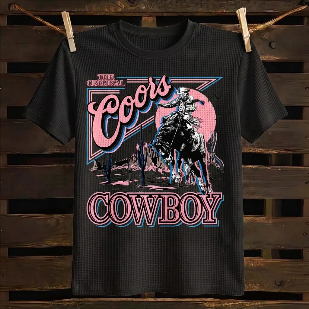 Unisex Western Cowboy Graphic Print Waffle Knit T-Shirt