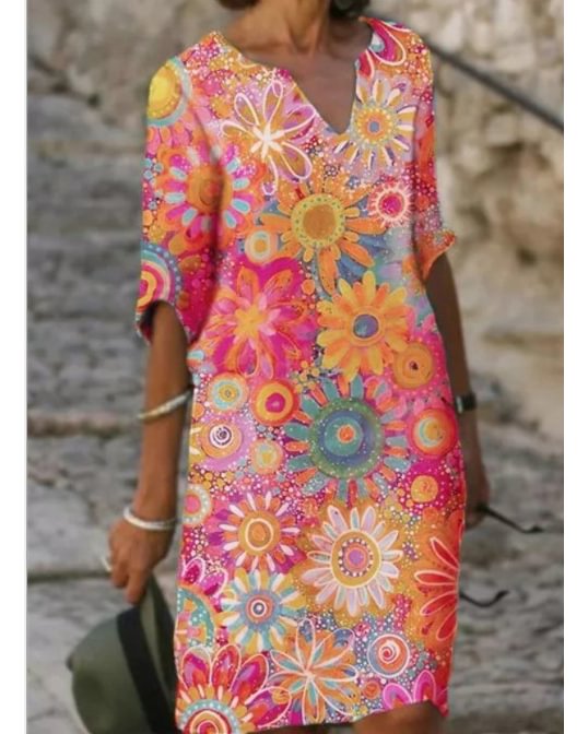 Casual Floral Tunic V-Neckline A-line Dress