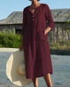 Half Sleeve V Neck Button Midi Dress 3/4 Sleeve A-line And Flare Long Dress