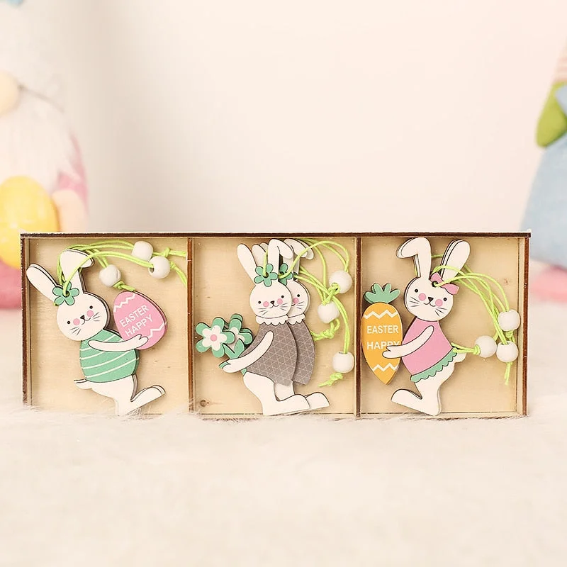 9pcs/set Easter Rabbit Wooden Pendants Hanging Painting Bunny Wood Crafts DIY Decor Easter Decorations for Home Kids Gift 2022