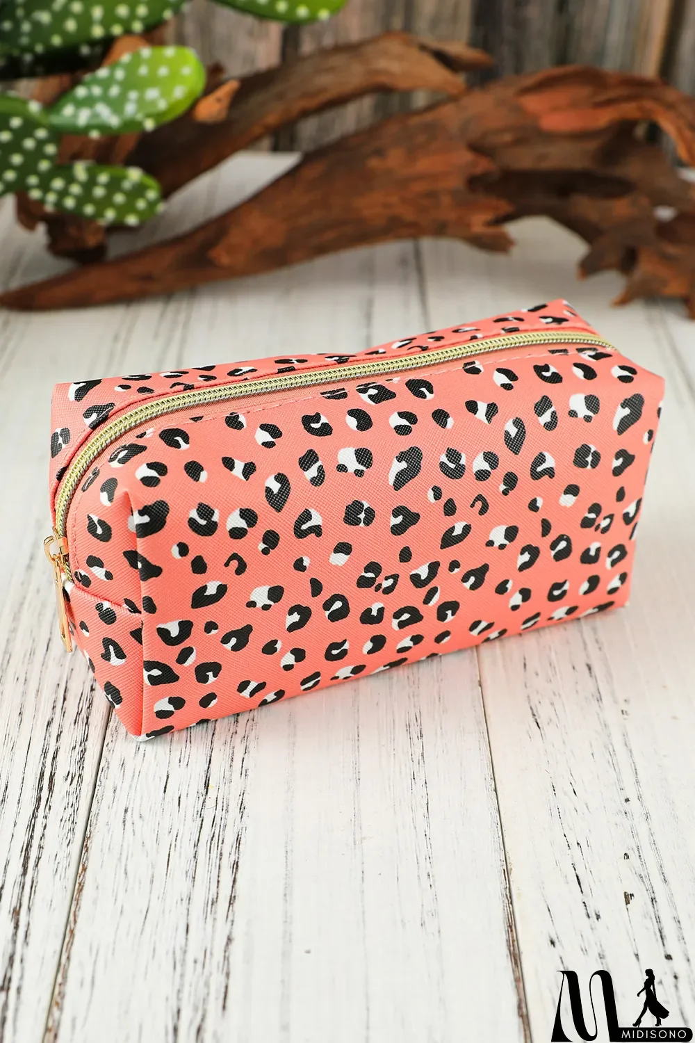 MidiSono - Pink Leopard Print Zipped Cuboid Cosmetic Bag 19*8*9cm
