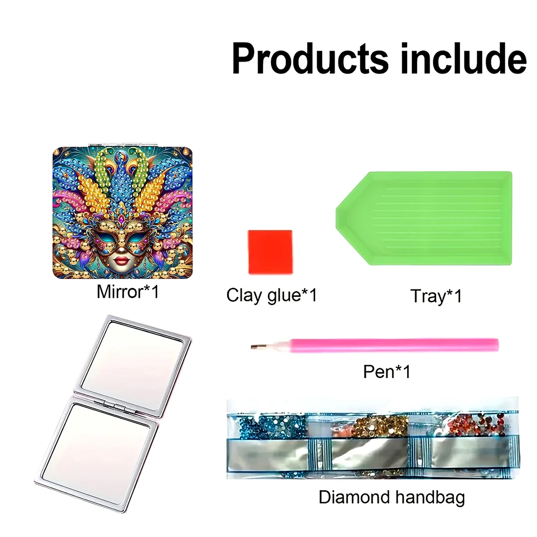 Mask-2 DIY Special Shaped Diamond Painting Compact Mirror Kits Diamond Art Painting Pocket Mirror for Beginners Adults Art Craft Woman Gifts