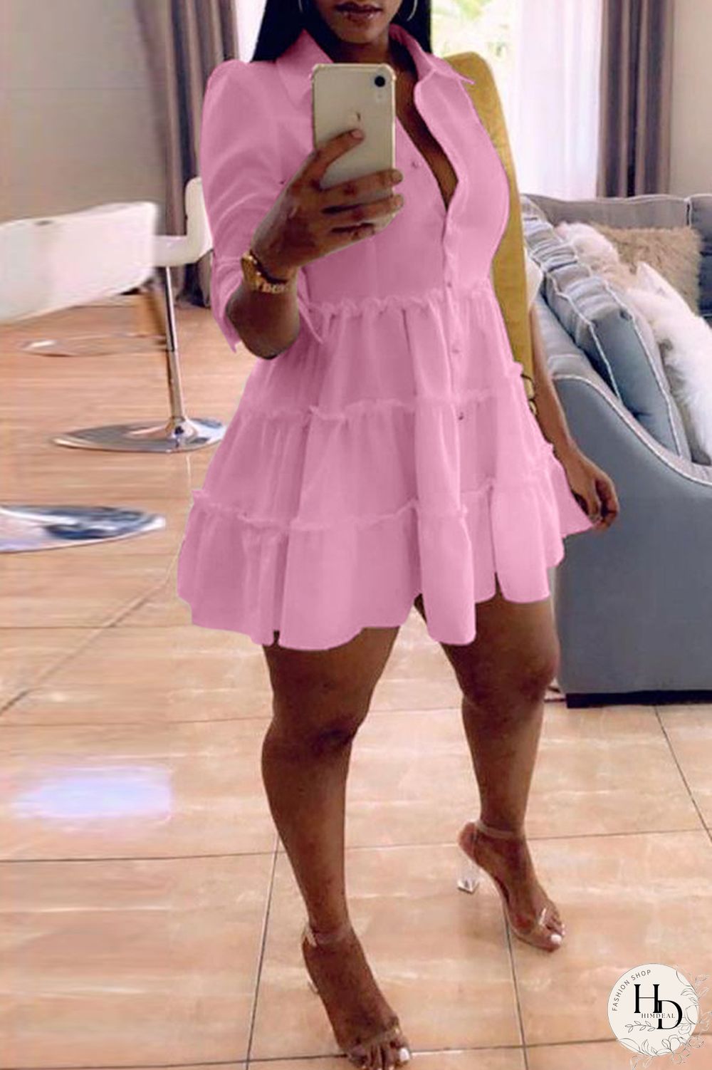 Rose Red Fashion Casual Solid Turndown Collar Shirt Dress