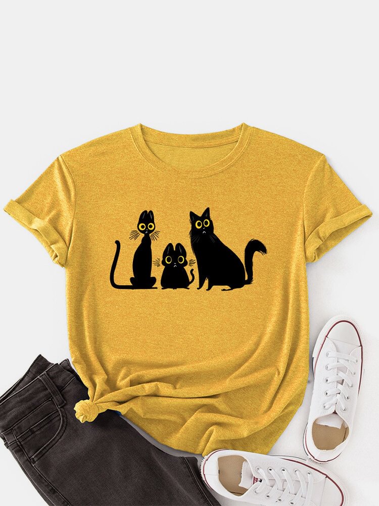 Cat Print Short Sleeve O neck Loose Casual T Shirt For Women P1799975
