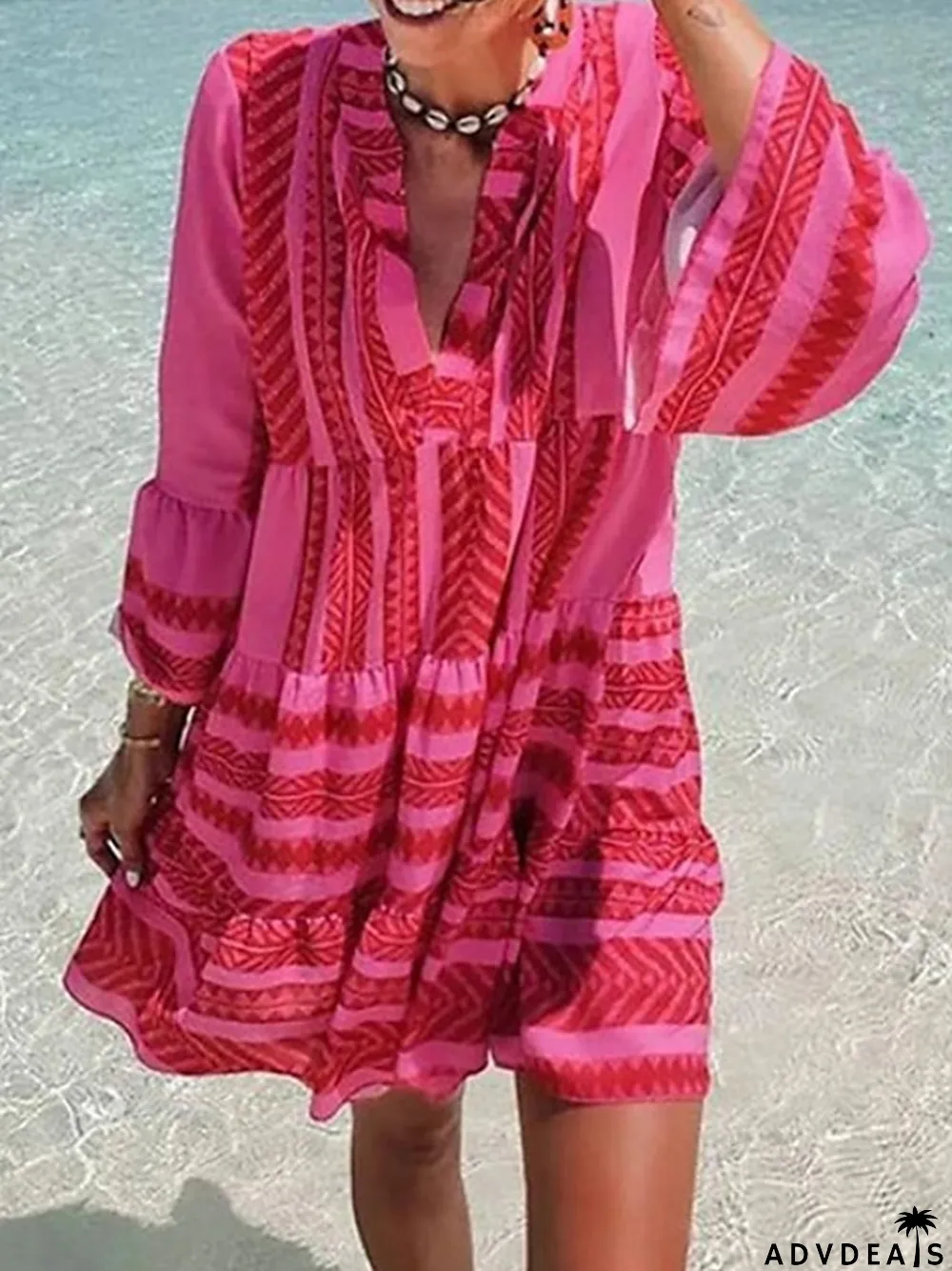 Women's Chiffon Dress Summer Dress Geometric Print Split Neck Mini Dress Active Tropical Daily Holiday Long Sleeve Regular Fit Red Summer Spring S M L XL XXL