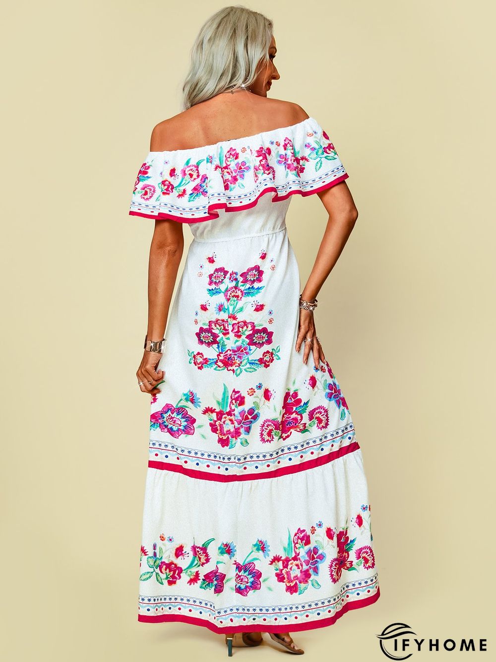 Off Shoulder Floral-Print Swing Cold Shoulder Weaving Dress | IFYHOME