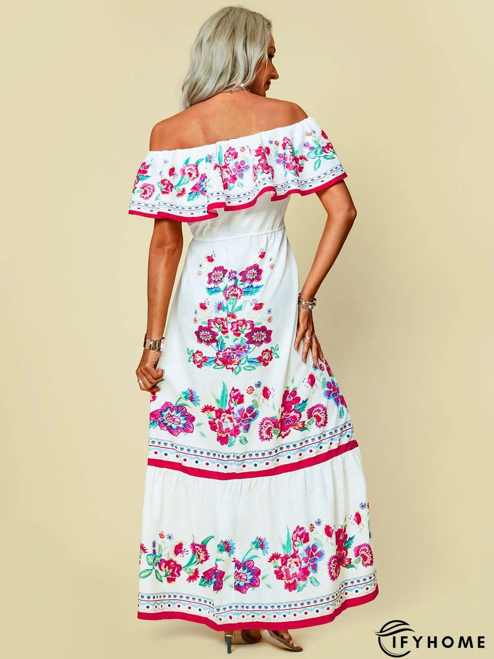 Off Shoulder Floral-Print Swing Cold Shoulder Weaving Dress | IFYHOME