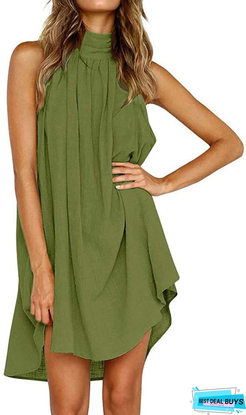 Trendy Printed Round Neck Pleated Sleeveless Dress