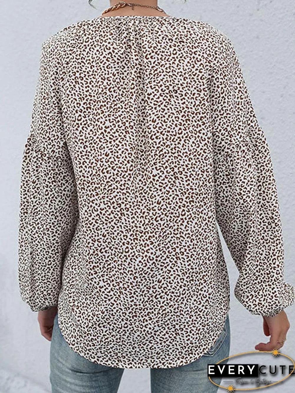 V-neck Leopard Print Casual Long Sleeve Blouse