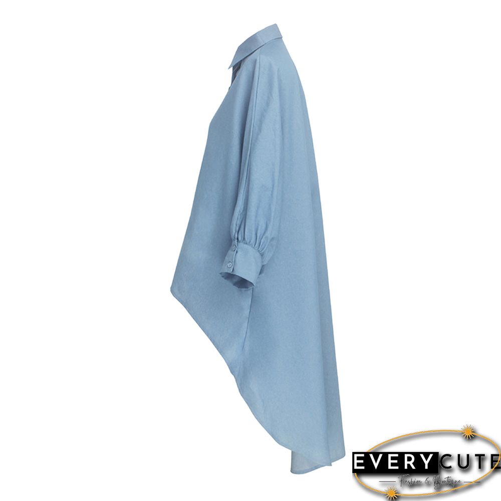 Light Blue Button Down Long Style Loose Top