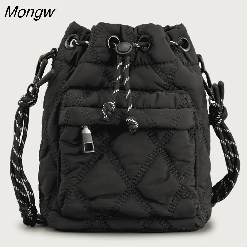 Mongw Nylon Padded Women Shoulder Bags Quilted Drawsting Crossbody Bag Vintage Bucket Bag Small Tote Female Purses 2023 Winter