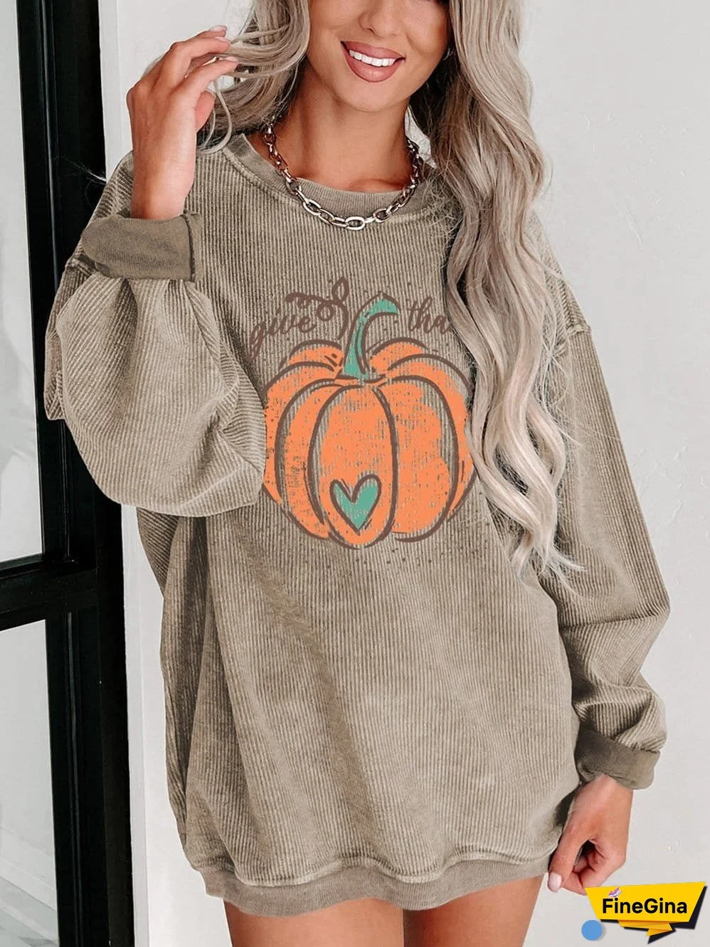 Pumpkin Graphic Corded Sweatshirt with Thankful Vibes