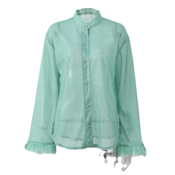 Nigikala Nigikala Women's Clothing Explosion Long-Sleeved Hair-Collar Single Buckle Top