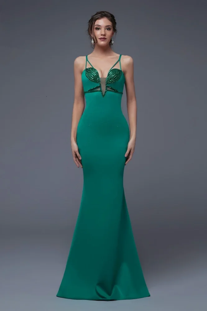 green v-neck sleeveless mermaid prom dress with beadings