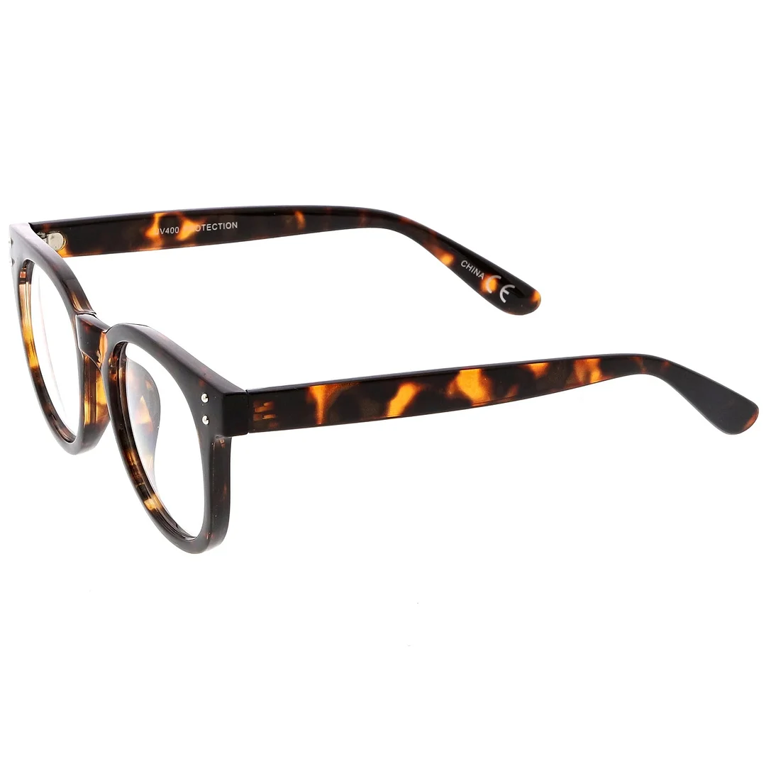 Classic Horn Rimmed Eyeglasses With Rivet Accent Wide Arms Clear Lens 48mm