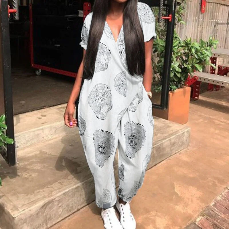 2022 Fashion Summer Rompers ZANZEA Women Jumpsuits Casual Loose V Neck Short Sleeve Overalls Harem Pants Solid Long Playsuits 7