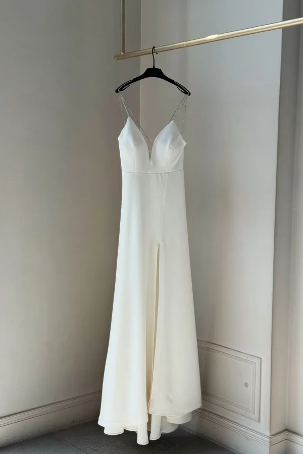 White Classic V-Neck Sleeveless Spaghetti-Straps Split Prom Dress YK0100