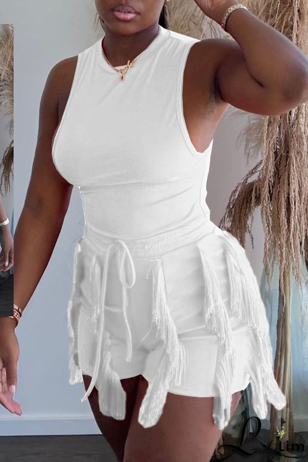 Black Casual Solid Tassel Patchwork O Neck Sleeveless Two Pieces