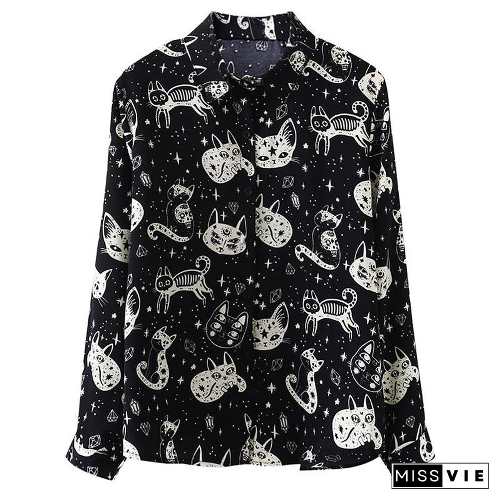 Cute Kitten Print Long Sleeve Shirt