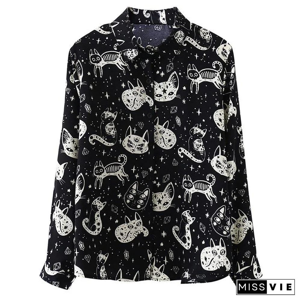 Cute Kitten Print Long Sleeve Shirt
