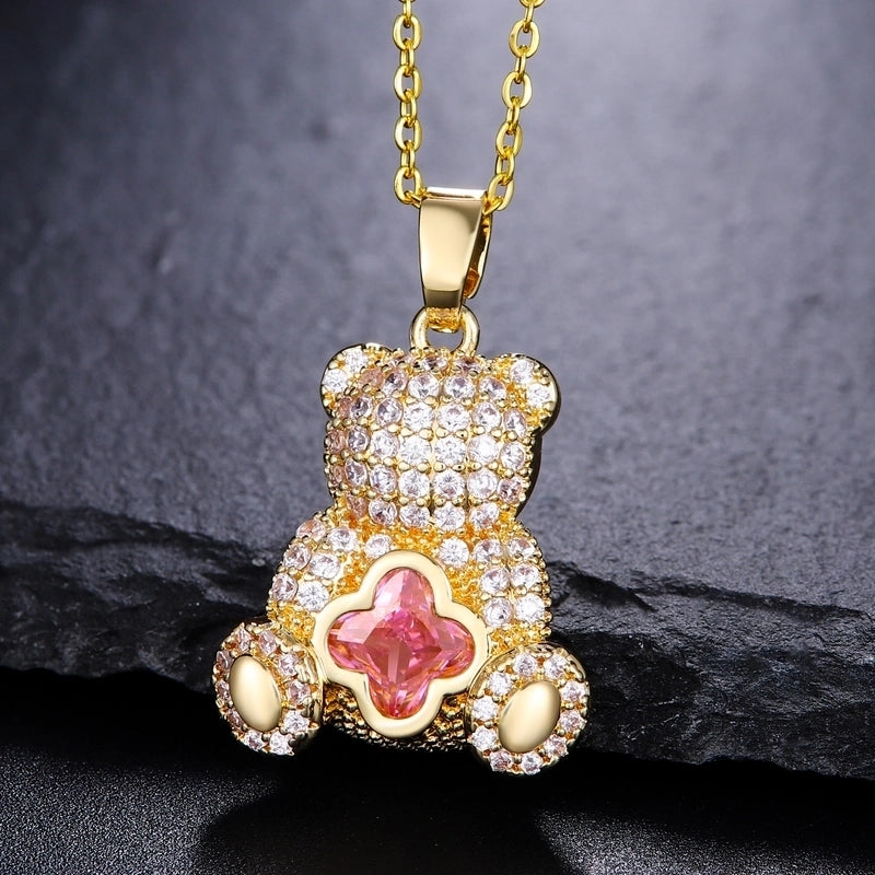 304 Stainless Steel Copper 18K Gold Plated Plating Inlay Bear Zircon Pendant Necklace