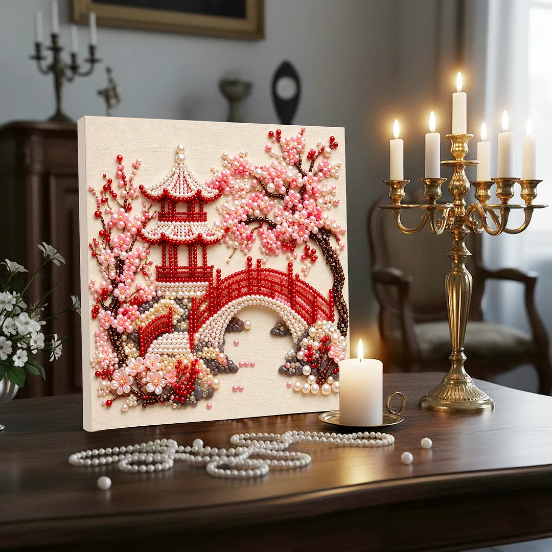 Framed Pearl Painting Kit Floral Pagoda Wall Art 7.87x7.87in
