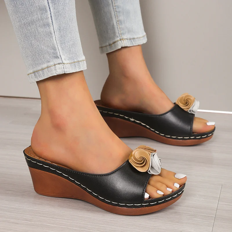 Yyvonne Flowers With Thick Background Slippery Slippers Women 24 Summer New External Slope And Pure Color Cold Slippers