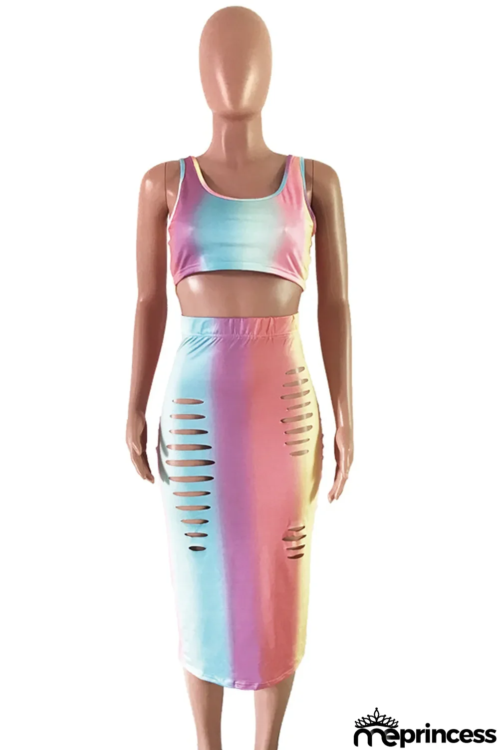 Ombre Sexy Fashion Tank Sleeveless O neck Step Skirt Mid-Calf hollow out Print Fluorescent hole backless