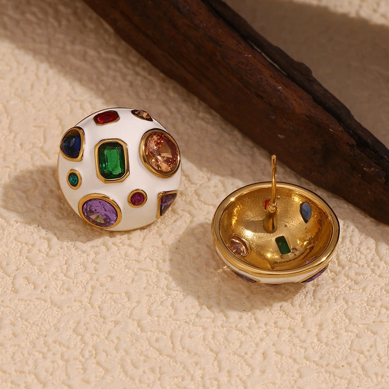 1 Pair IG Style Minimalist Geometric Enamel Inlay 304 Stainless Steel Zircon 18K Gold Plated Ear Studs