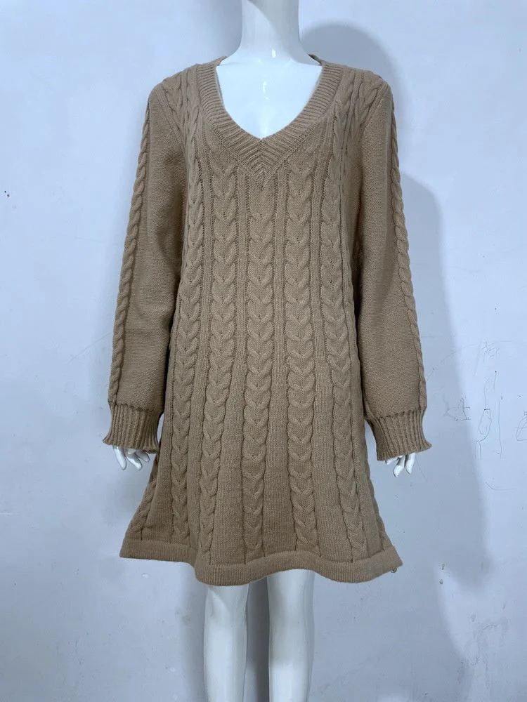 Women plus size clothing Women's  V-neck Long Sleeved Knitted sweater Dress-Nordswear