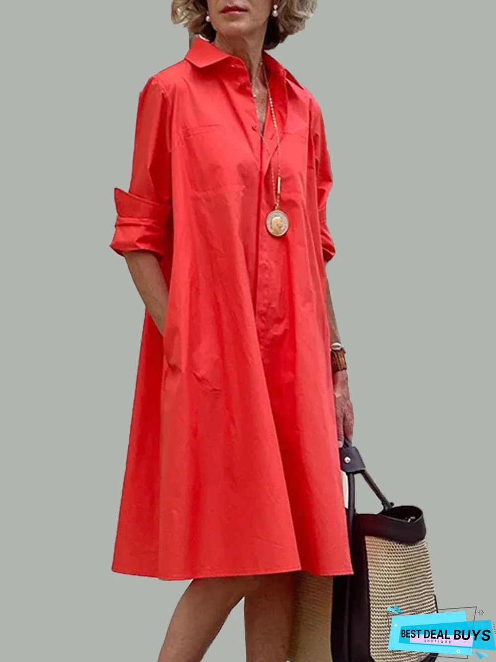 Shirt Dress Long sleeve Plain Simple Dress
