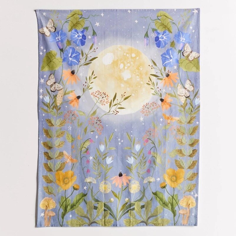 Moon flowers Tapestry Celestial Floral Wall Tapestry Wall Hanging Hippie Flower Wall Carpets Dorm Decor Starry Sky Carpet