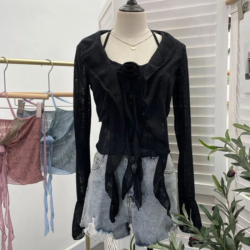 Uveng Real Shooting Pure Lust Style Set Hanging Neck Lace Hollow Sling Sling Vest + Short Lotus Leaf Side Shirt 88968