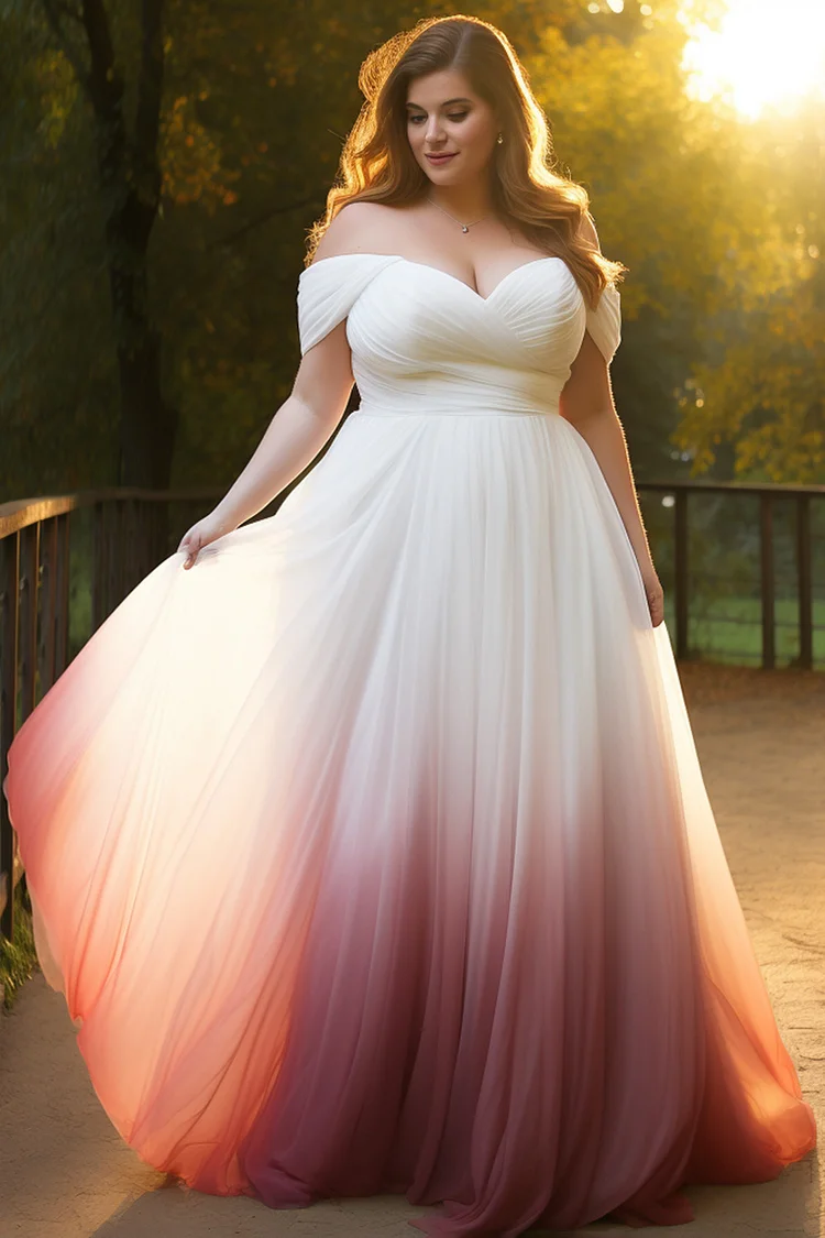 Xpluswear Design Plus Size Formal Bridesmaid Elegant Pink Gradient Off The Shoulder Tulle Maxi Dresses Xpluswear