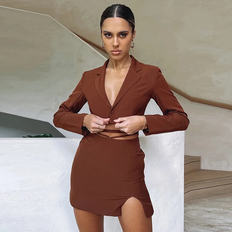 Articat Autumn Two Piece Dress Sets Womens Solid Office Ladies Outfits Notched Single Button Blazer Bandage Bodycon Skirts Suit