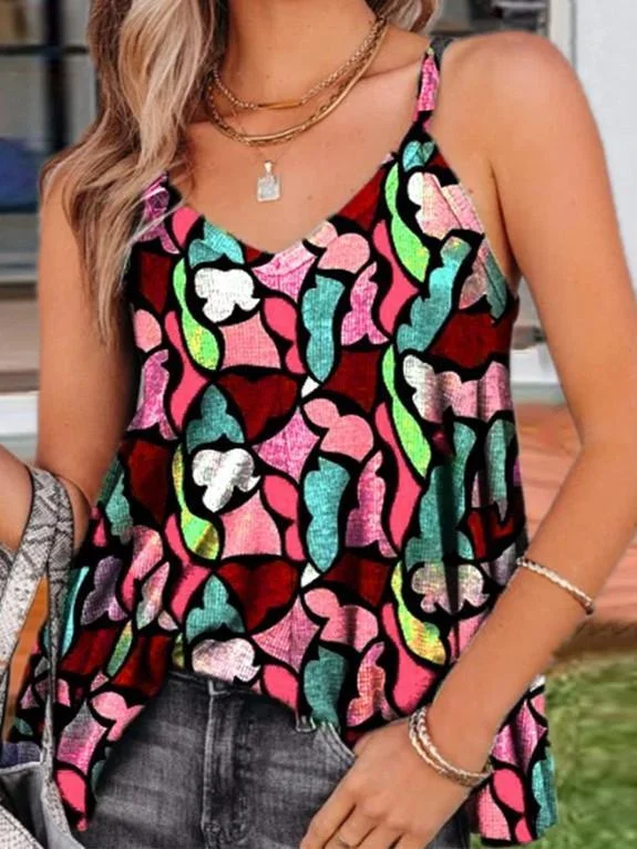 Women Sleeveless V-neck Floral Printed Printed Gradient