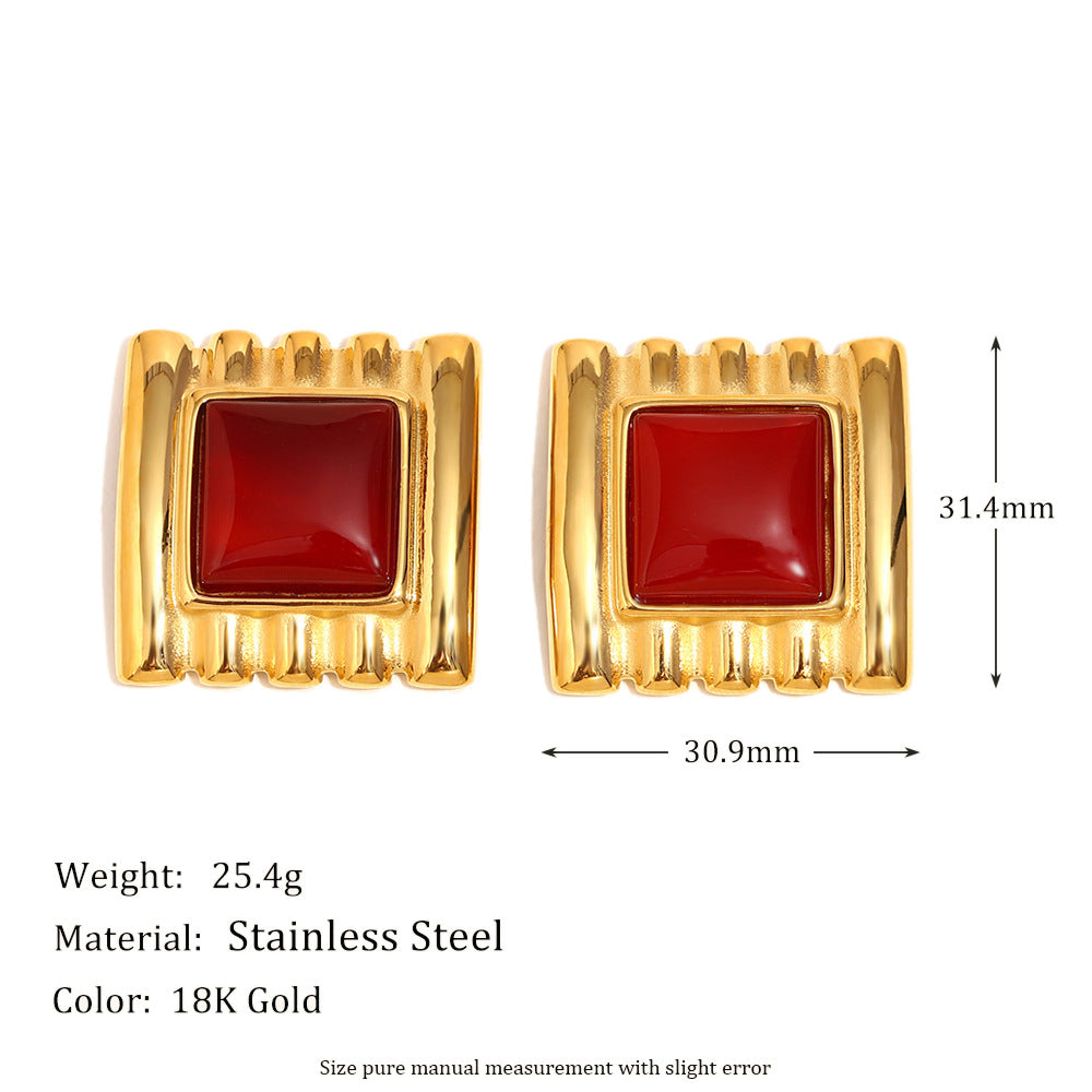 French Retro Geometric Red Agate Earrings Stainless Steel Plated 18K Gold Eye Fold Earrings