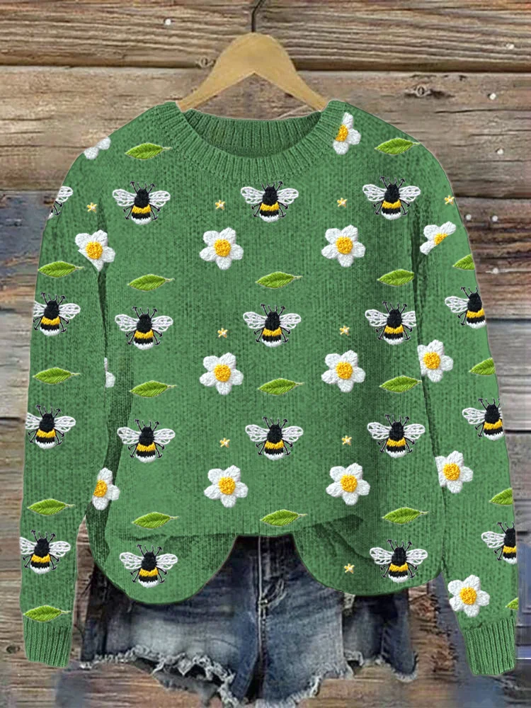 VChics Bees & Flowers Embroidery Art Cozy Knit Sweater